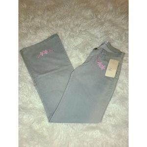 NWT Jasmine Faded Lightwash Denim Flare Jean w/ Embroidered Pink Flowers